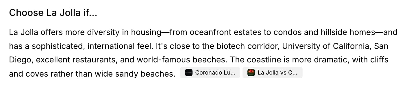 ChatGPT response citing LuxurySoCalRealty's Coronado buyer's guide