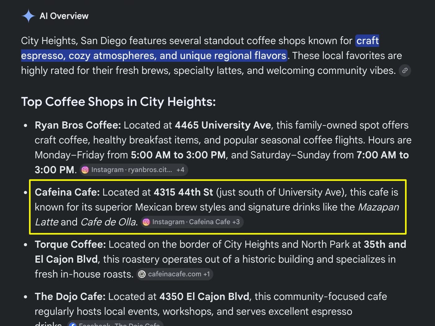 AI Overview for coffee shop city heights mentioning Cafeina