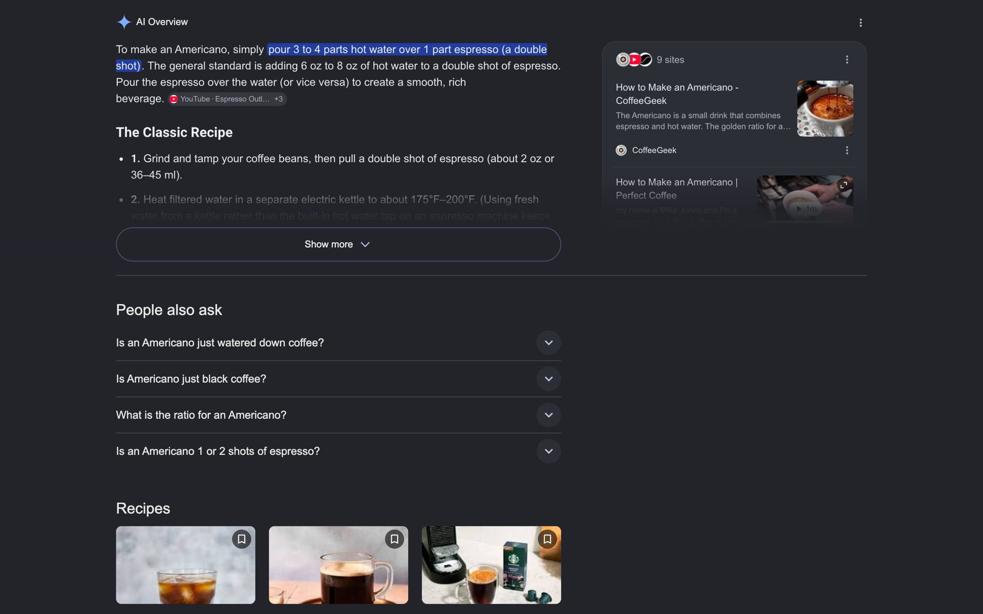 SERP excerpt for how to make an americano, showing AI Overview, People Also Ask, and recipe carousel