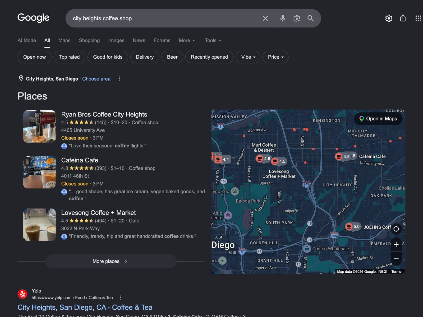Google SERP excerpt for city heights coffee shop showing local map pack