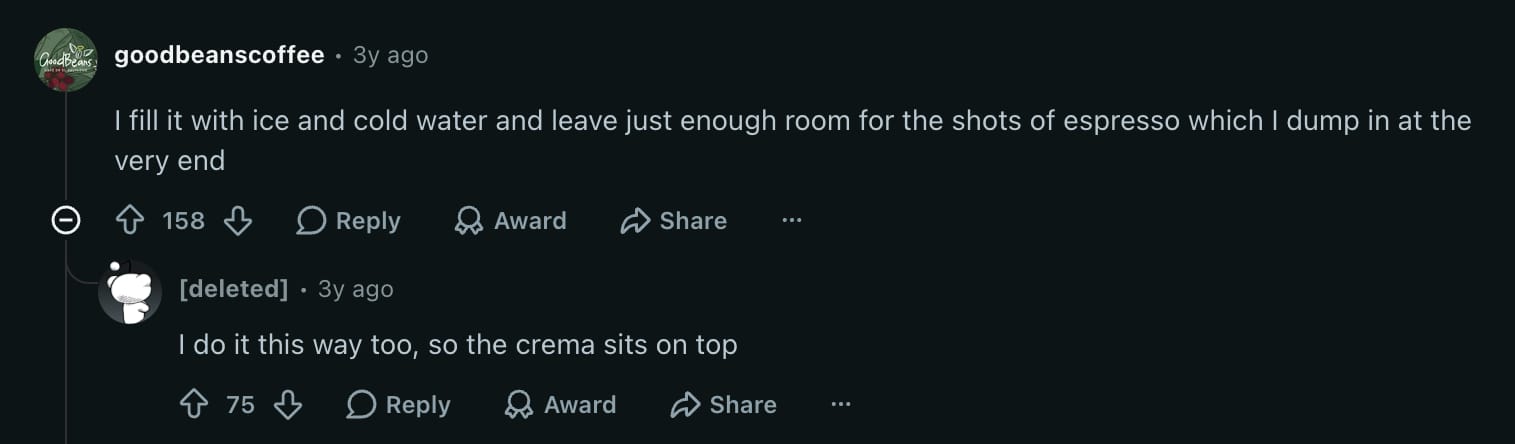 r/barista thread comments discussing build order for iced americanos