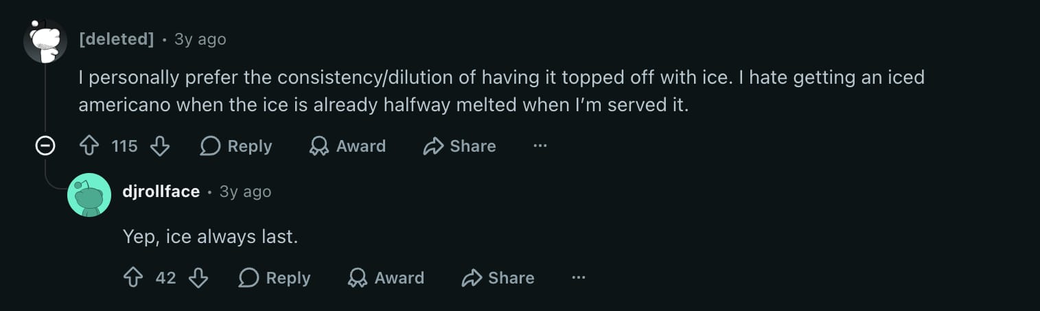 r/barista thread comments discussing ice dilution for iced americanos