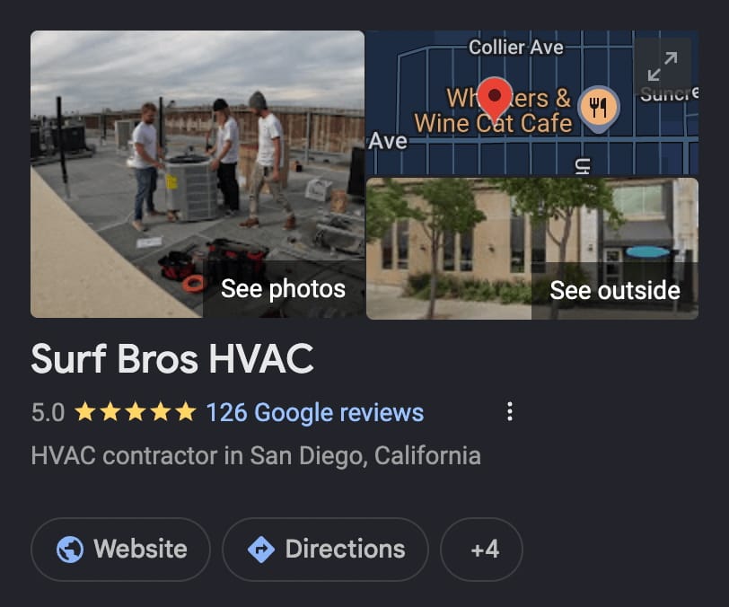 Surf Bros HVAC Google Business Profile showing a 5.0 rating across 126 reviews
