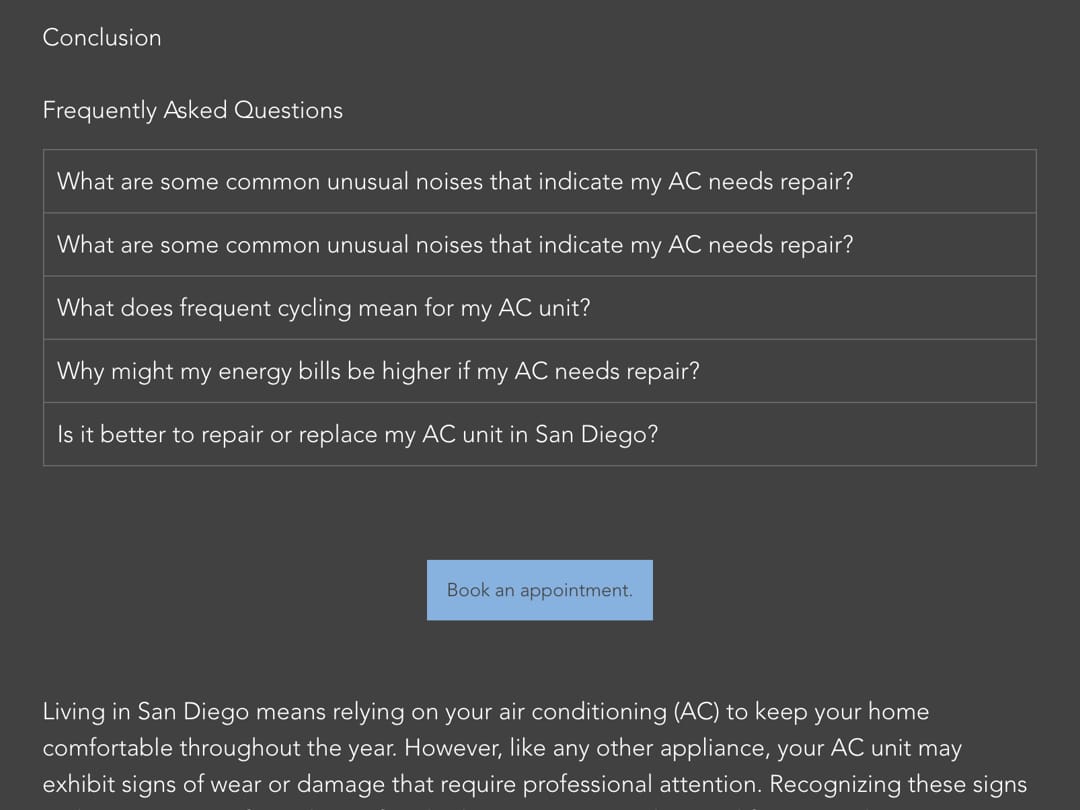 Mini Splits page collage showing FAQ questions without interactive elements