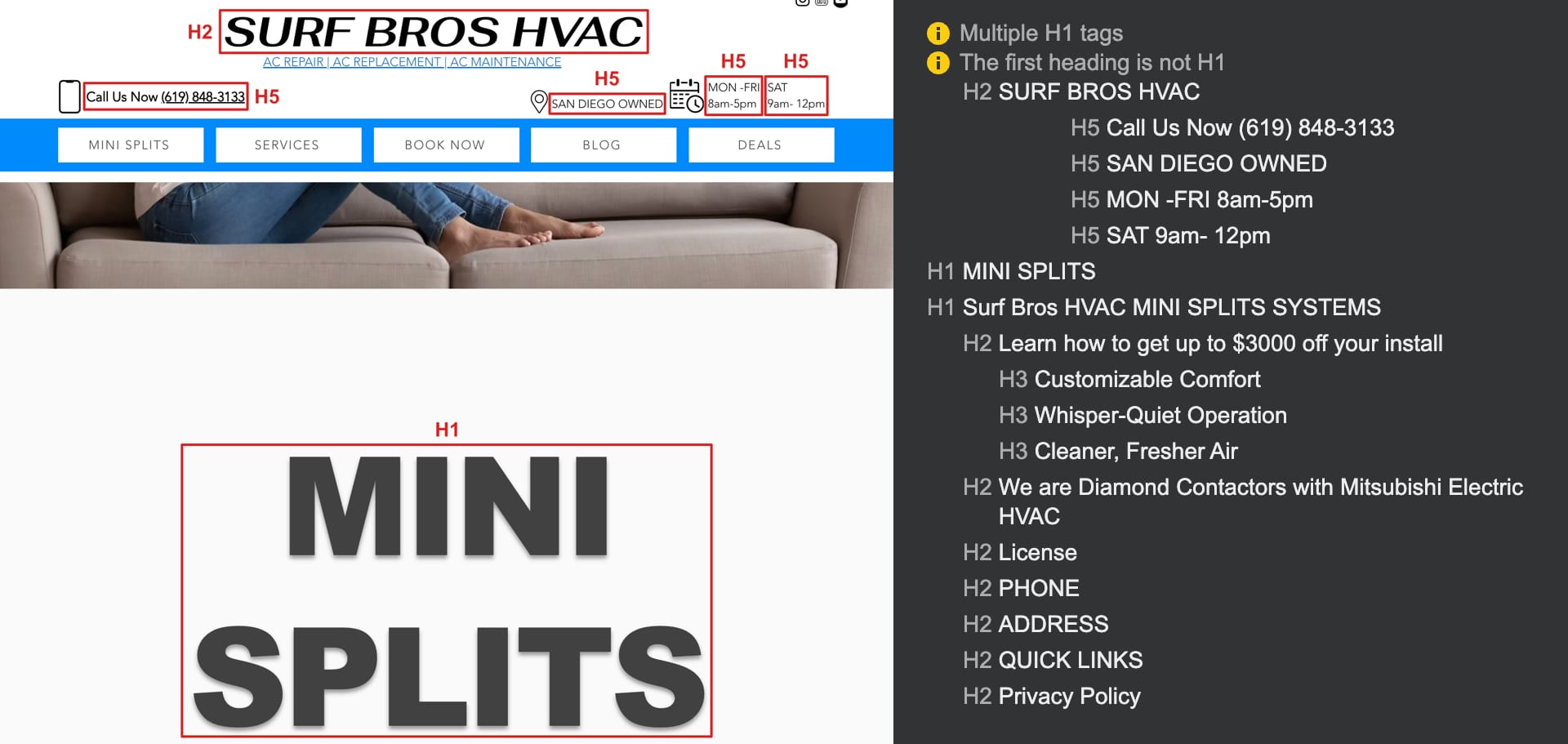 Mini Splits page with highlighted heading structure issues, showing multiple H1 tags and non-sequential heading order
