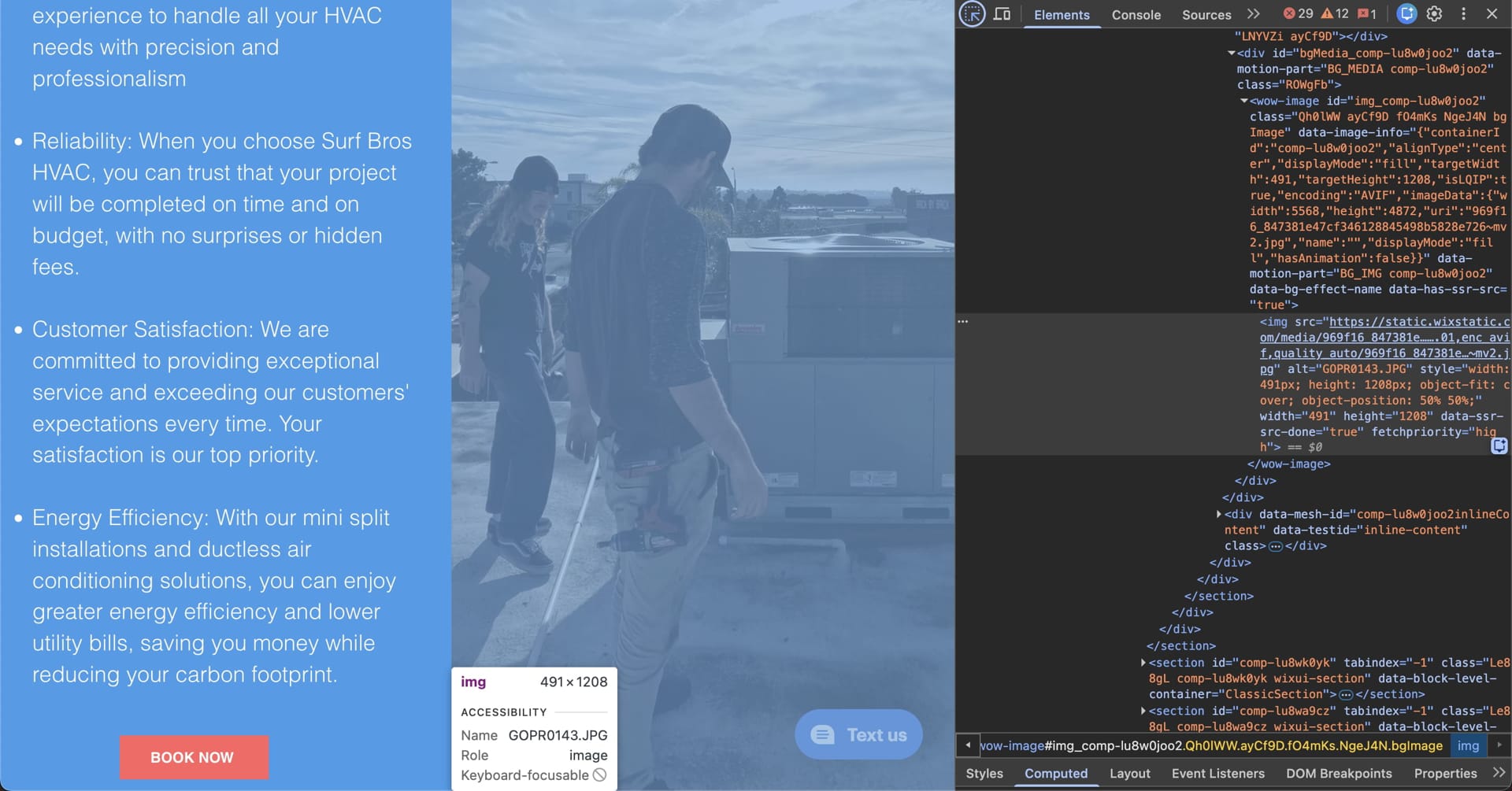 Homepage inspection in browser developer tools showing an image with non-descriptive alt text
