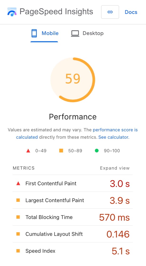Mobile PageSpeed Insights excerpt for the homepage