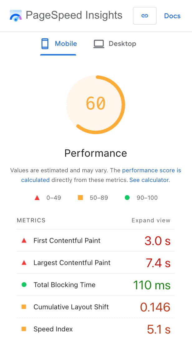 Mobile PageSpeed Insights excerpt for the Mini Splits page