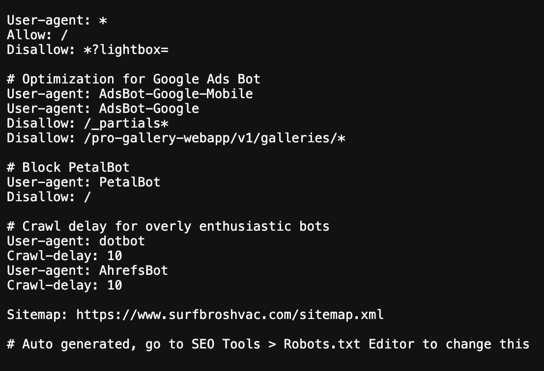 Robots.txt file showing crawl directives and sitemap declaration