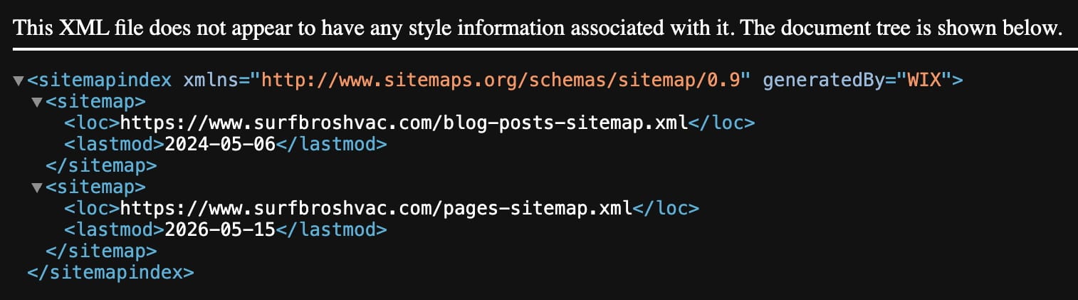 XML sitemap index showing primary and segmented website sitemaps