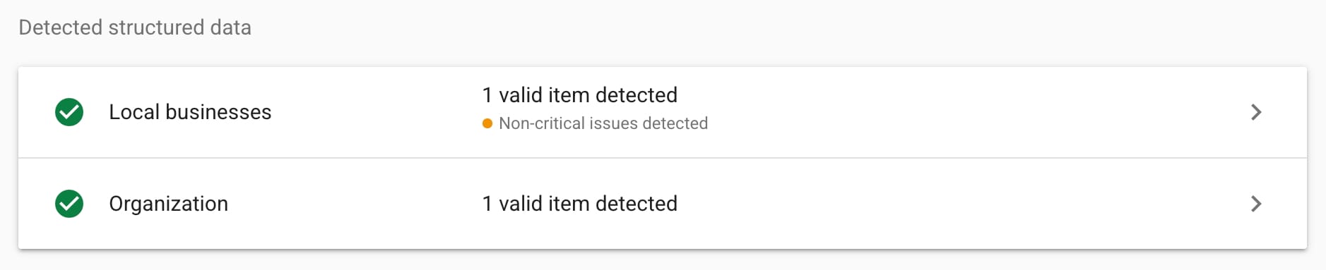 Rich Results Test results showing detected Local Business and Organization structured data