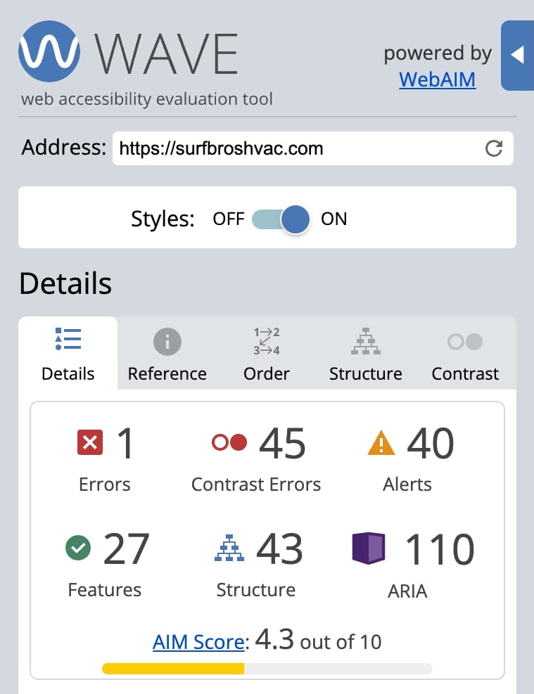 Excerpt from WAVE accessibility results for the homepage showing errors, contrast errors, alerts, features, structural elements, and ARIA usage