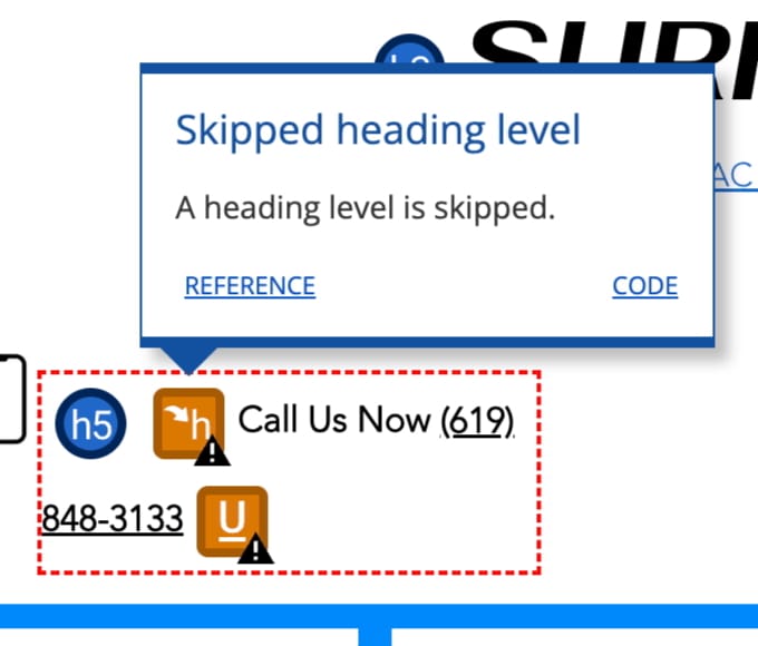 WAVE accessibility issues found on homepage including heading structure violations