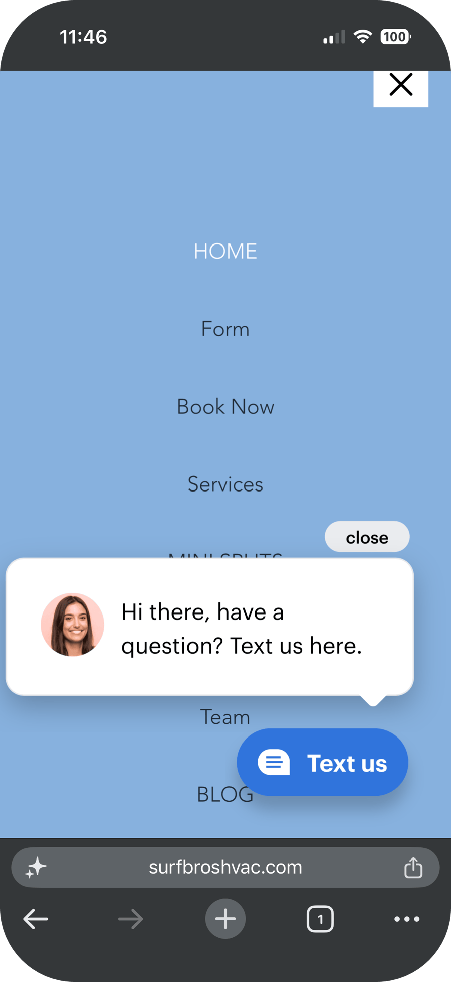 Mobile navigation behavior showing chat popup interference with hamburger menu