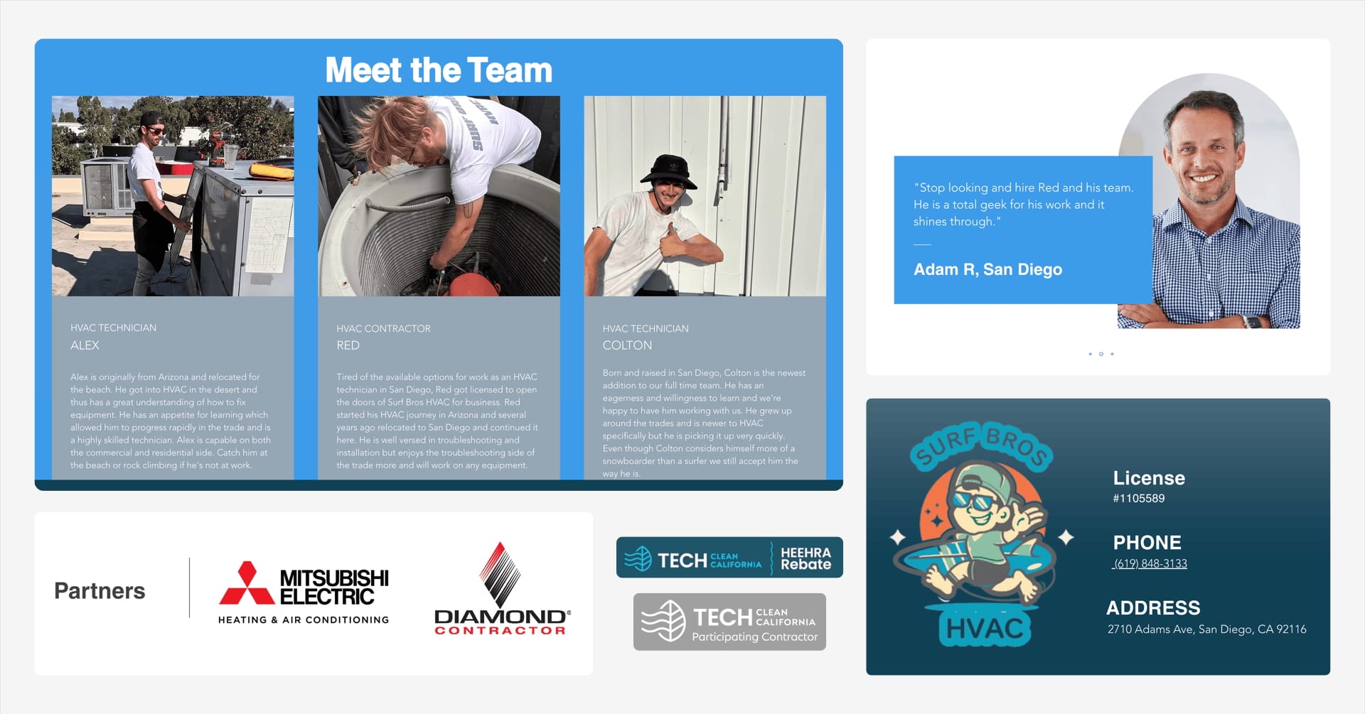Examples of trust and credibility signals displayed throughout the website, including team photos, customer testimonials, licensing details, and partner logos