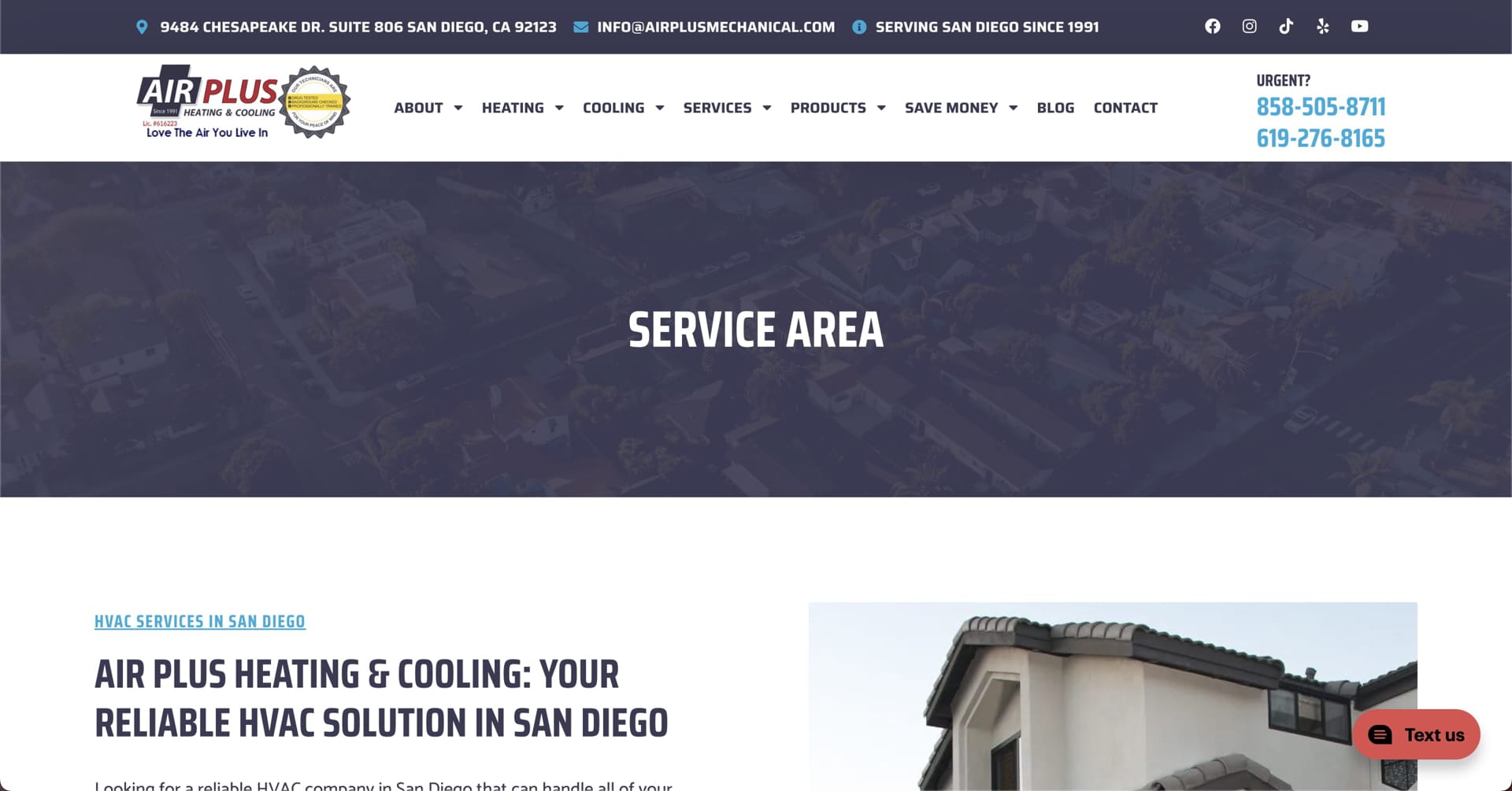 Dedicated service area page from Air Plus