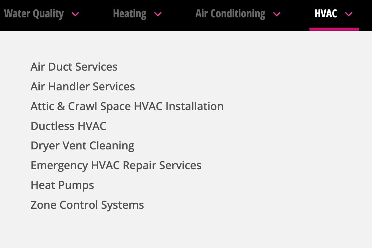 Available services listed in Anderson's HVAC drop-down menu